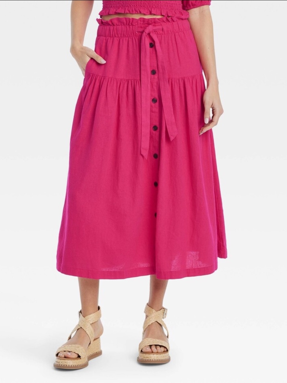 Universal Thread Bright Pink Button-Front Midi Skirt with Tie Waist Size M